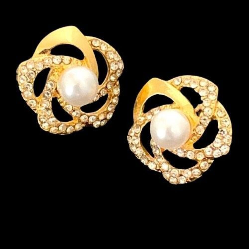 Camellia Flower Stud Earrings with Crystals & Faux Pearl Center in Gold Tone